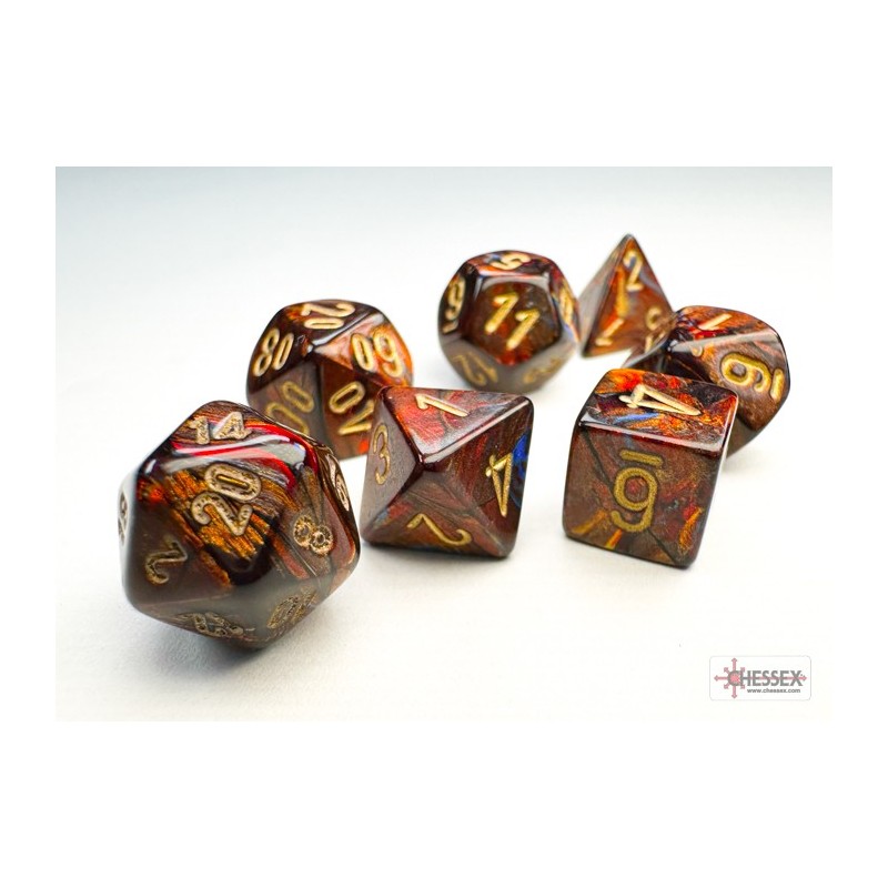 Chessex - Set 7 Dadi Poliedrici Mini - Scarab Blue Blood/Gold