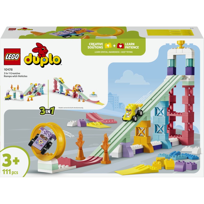 LEGO DUPLO 10478 Rampe Creative 3 in 1 con Veicoli, Giochi Didattici per la Motricità Fine con 2 Auto, Regalo per Bambini 3+