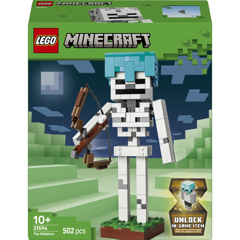 LEGO Minecraft 21594 Scheletro, Action Figure Giocattolo di Mob con Elmo di Diamante, Arco e Frecce, Base in Erba, Regalo 10+