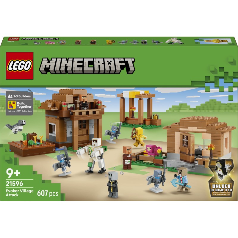 LEGO Minecraft 21596 Attacco al Villaggio dell’Evocatore, Casa Giocattolo con Giardino e 11 Personaggi, Regalo per Bambini 9+