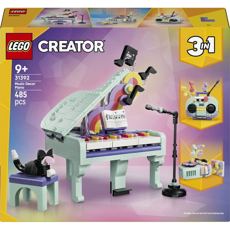 LEGO Creator 31392 3in1: Pianoforte Decorativo con Gatto, Giocattolo Retrò Trasformabile in Radio o Giradischi, Regalo da 9+