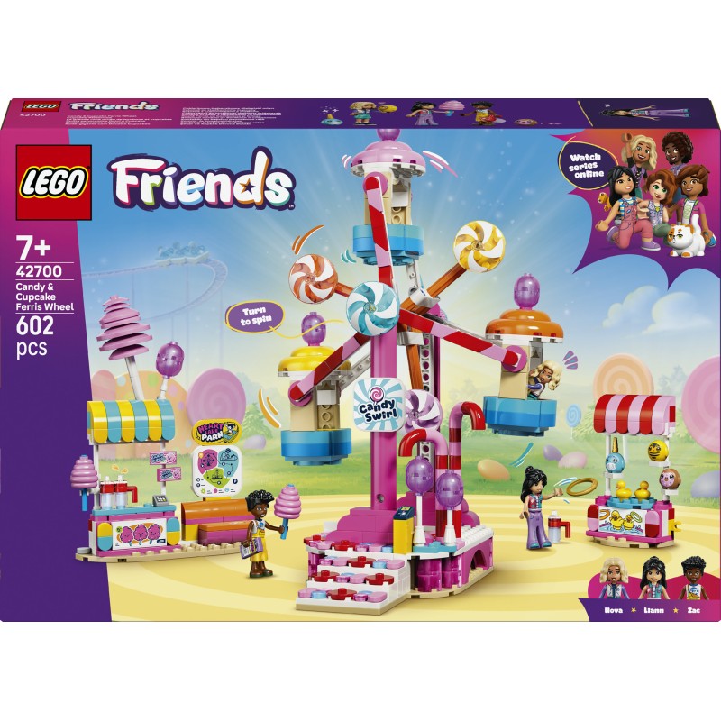 LEGO Friends 42700 Ruota Panoramica Dolci e Cupcake, Giocattolo con Giostra da Luna Park, 3 Mini Bamboline, Regalo Bambini 7+
