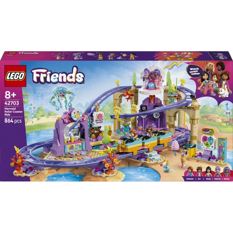 LEGO Friends 42703 Montagne Russe della Sirenetta, Giocattolo Interattivo con 3 Carrozze, Negozio e 5 Mini Bamboline, da 8+