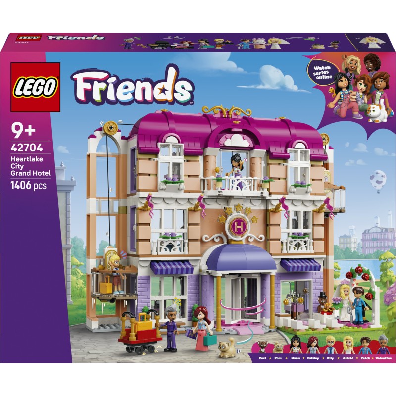 LEGO Friends 42704 Grand Hotel di Heartlake City, Giocattolo con 6 Mini Bamboline, 2 Animali e Accessori, Regalo Bambine 9+