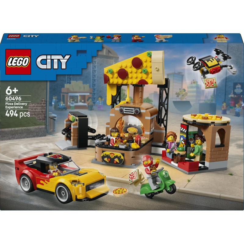 LEGO City 60496 Centro di Consegna Pizze con Veicoli, con Macchina Giocattolo, Scooter, Drone e Cabinato Arcade, Regalo da 6+