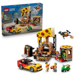 LEGO City 60496 Centro di Consegna Pizze con Veicoli, con Macchina Giocattolo, Scooter, Drone e Cabinato Arcade, Regalo da 6+
