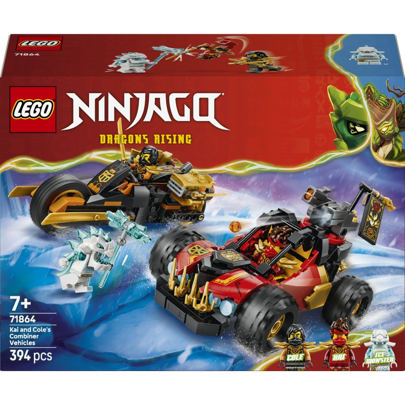 LEGO NINJAGO 71864 Veicoli Combinanti di Kai e Cole, con Macchina e Moto Giocattolo e 3 Minifigure, Regalo per Bambini da 7+