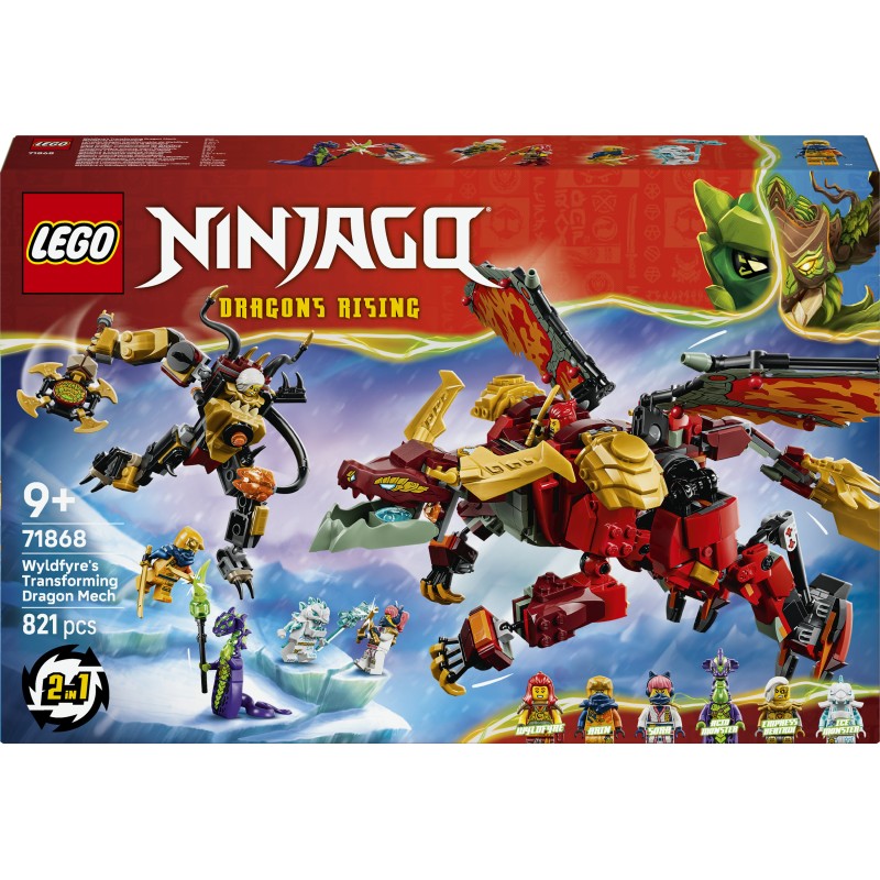 LEGO NINJAGO 71868 Mech Drago Mutaforma di Wyldfyre, Action Figure Giocattolo 2in1 con Mech e 6 Minifigure, Regalo Bambini 9+