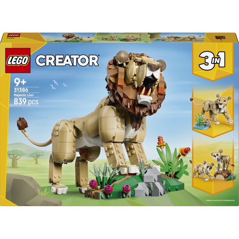 LEGO Creator 31386 3in1 Animali Selvatici: Leone Maestoso Giocattolo, Trasformabile in Leonessa o in 2 Cuccioli, Regalo da 9+