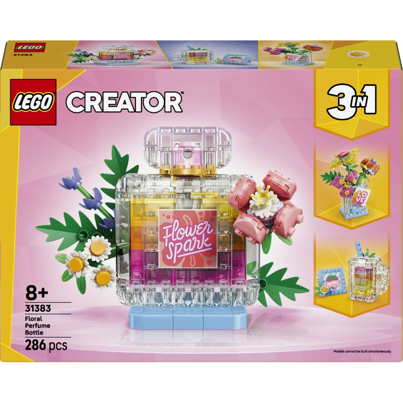 LEGO Creator 31383 3in1 Boccetta di Profumo con Decorazione Floreale, Gioco da 8+ Trasformabile in Vaso da Fiori o Frullato
