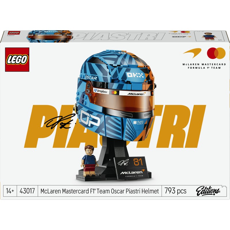 LEGO Editions 43017 Casco di Oscar Piastri McLaren Mastercard F1 Team, Gadget F1 con Minifigure da Collezione, Regalo da 14+