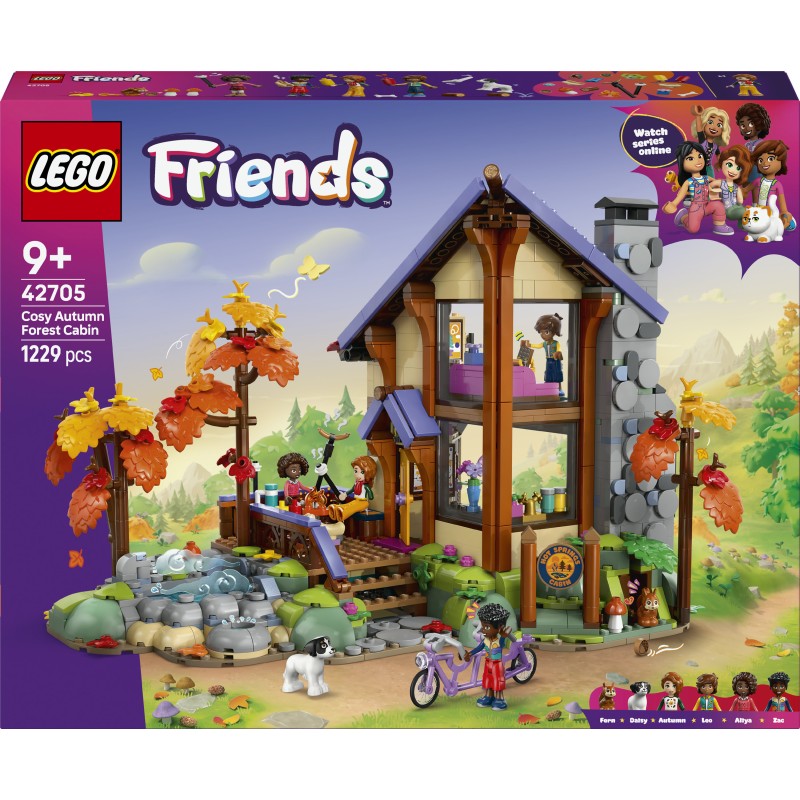 LEGO Friends 42705 Baita nella Foresta Autunnale, Casa Giocattolo con 4 Mini Bamboline, 2 Animali e Accessori, Regalo da 9+