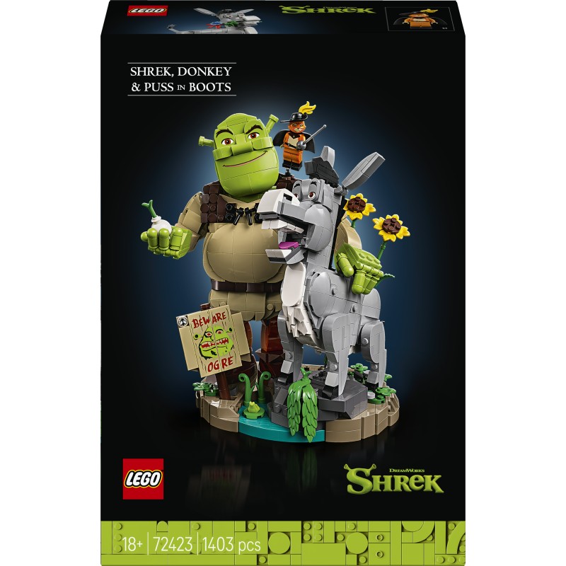 LEGO 72423 Shrek, Ciuchino e Gatto con gli Stivali, Kit Modellismo per Adulti da Esposizione con 3 Personaggi, Regalo per Fan
