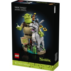 LEGO 72423 Shrek, Ciuchino e Gatto con gli Stivali, Kit Modellismo per Adulti da Esposizione con 3 Personaggi, Regalo per Fan