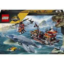 LEGO Jurassic World 77983 Attacco alla Barca del Dinosauro Mosasaurus, Giocattolo con Nave, Dinosauro e Elicottero, Regalo 7+