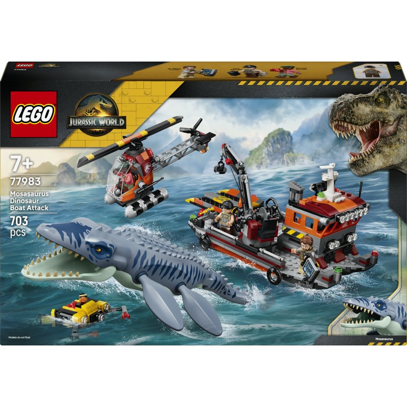 LEGO Jurassic World 77983 Attacco alla Barca del Dinosauro Mosasaurus, Giocattolo con Nave, Dinosauro e Elicottero, Regalo 7+