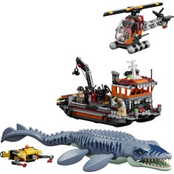 LEGO Jurassic World 77983 Attacco alla Barca del Dinosauro Mosasaurus, Giocattolo con Nave, Dinosauro e Elicottero, Regalo 7+