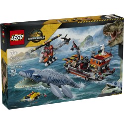 LEGO Jurassic World 77983 Attacco alla Barca del Dinosauro Mosasaurus, Giocattolo con Nave, Dinosauro e Elicottero, Regalo 7+