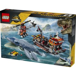 LEGO Jurassic World 77983 Attacco alla Barca del Dinosauro Mosasaurus, Giocattolo con Nave, Dinosauro e Elicottero, Regalo 7+