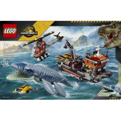 LEGO Jurassic World 77983 Attacco alla Barca del Dinosauro Mosasaurus, Giocattolo con Nave, Dinosauro e Elicottero, Regalo 7+