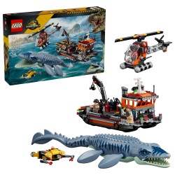 LEGO Jurassic World 77983 Attacco alla Barca del Dinosauro Mosasaurus, Giocattolo con Nave, Dinosauro e Elicottero, Regalo 7+