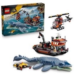 LEGO Jurassic World 77983 Attacco alla Barca del Dinosauro Mosasaurus, Giocattolo con Nave, Dinosauro e Elicottero, Regalo 7+