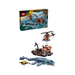 LEGO Jurassic World 77983 Attacco alla Barca del Dinosauro Mosasaurus, Giocattolo con Nave, Dinosauro e Elicottero, Regalo 7+