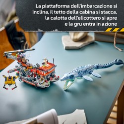 LEGO Jurassic World 77983 Attacco alla Barca del Dinosauro Mosasaurus, Giocattolo con Nave, Dinosauro e Elicottero, Regalo 7+
