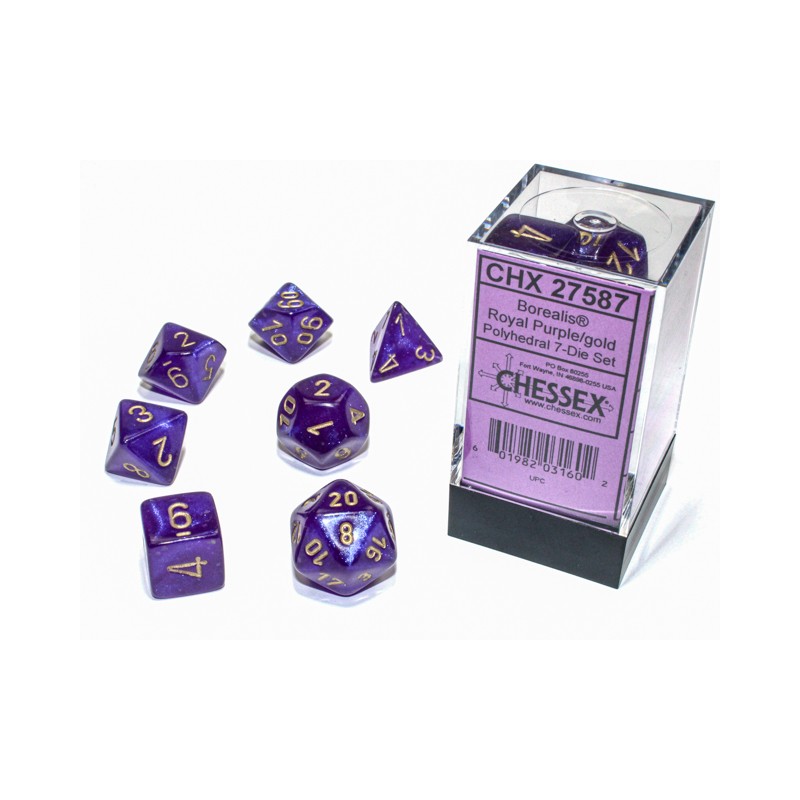 CHESSEX - SET 7 DADI POLIEDRICI - BOREALIS ROYAL PURPLE/GOLD LUMINARY