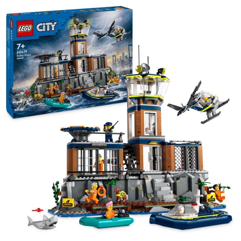 LEGO 60419 City Isla Prisión de la Policía, Barco y Helicóptero de Juguete