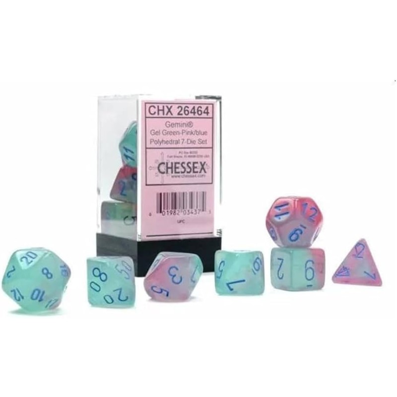 Chessex - Set 7 Dadi Poliedrici Gemini - Gel Green-Pink/Blue Luminary Chessex - Set 7 Dadi Poliedrici Gemini - Gel Green-Pink/Blue Luminary